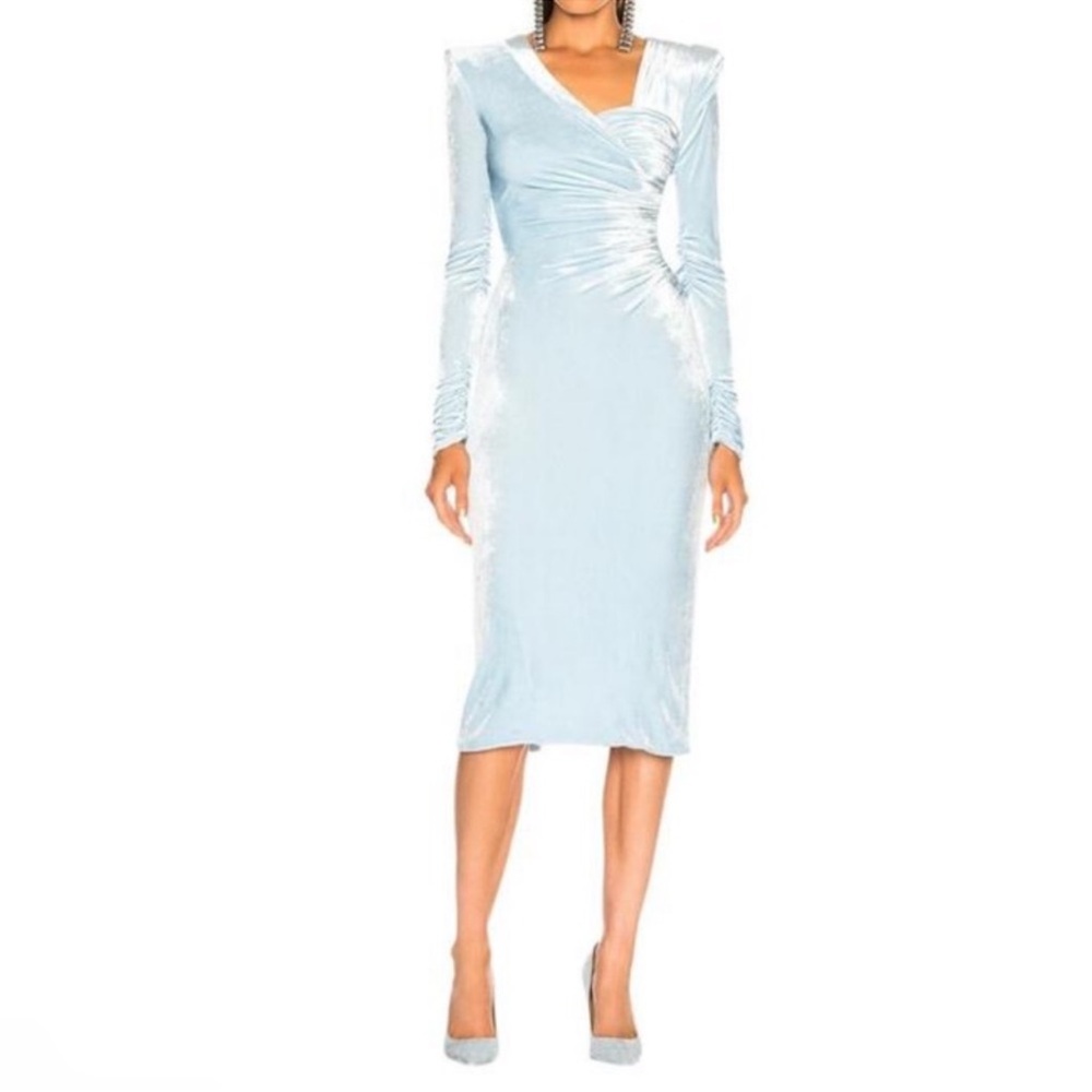 Versace tribute baby blue velvet midi dress